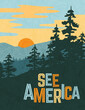 Retro style travel poster design for the United States.  Scenic image of mountains and pine trees at sunset. Limited colors, no gradients.  Vector illustration.