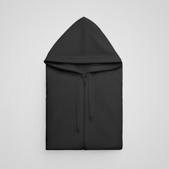 mockup black folded hoodie with zipper, strings, isolated on background