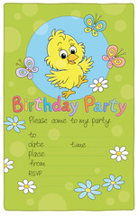 Wall Mural - Invitation birthday party card with a happy little chick and merry colorful butterflies flittering over flowers on a pretty green lawn, vector cartoon illustration