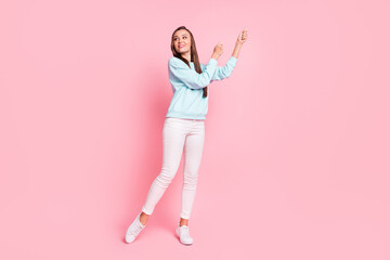 Poster - Full length photo of pretty person dance have nice weekend look empty space isolated on pink color background