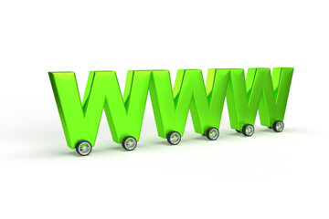 Wall Mural - word www on wheels as a car on isolated white background. green letters internet header