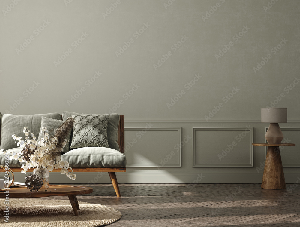 Home interior background, cozy room with natural wooden furniture, Scandi-Boho style, 3d render - obrazy, fototapety, plakaty 