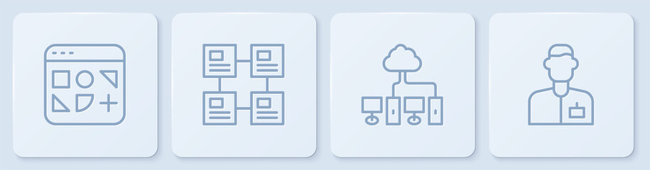 Set line Different files, Computer network, Hierarchy organogram chart and Analyst engineer. White square button. Vector