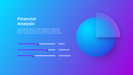 Glassmorphism infographics concept with 3d pie chart icon. Frosted glass effect. Illustration on blurred gradient vector background