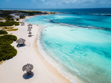 Amazing Baby Beach And Coast On Aruba, Caribbean, White Beach With Blue Ocean Tropical Beach. 