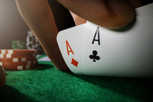 Pocket Aces. Playing Poker In Casino With Ace Cards