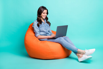 Wall Mural - full length photo of charming positive young woman sit bean bag hold laptop work isolated on teal co