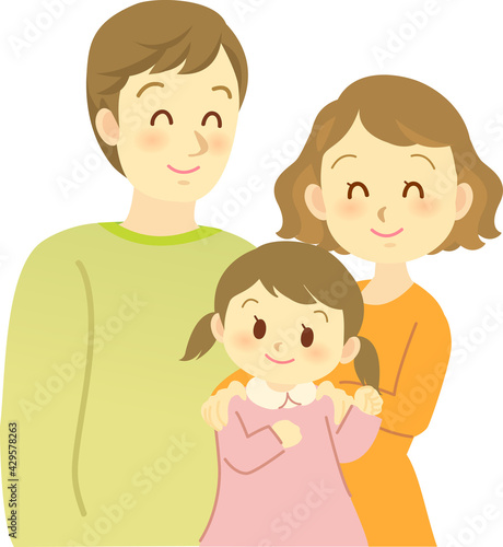 イラスト素材 3人家族 ママが女の子の肩に手を置いて娘もパパの方を笑顔で見る仲良しファミリー Vektornyj Obekt Stock Adobe Stock