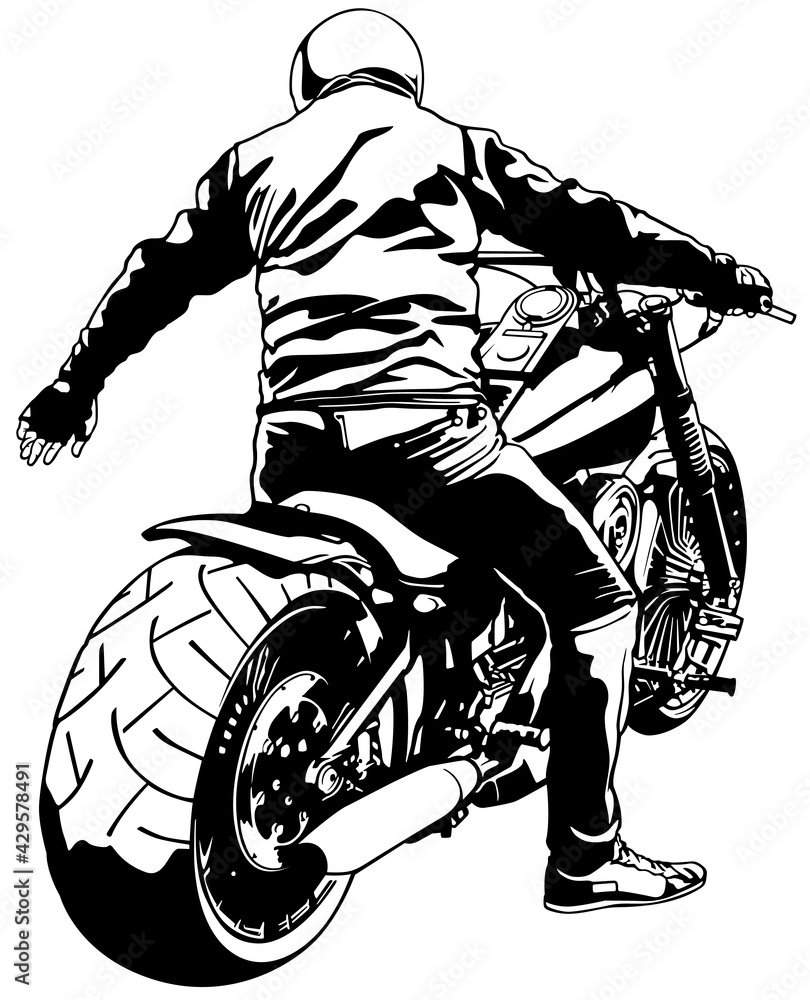 Motorcyclist on Harley Davidson Motorcycle - Black and White Drawing  Illustration Isolated on White Background, Vector Stock Vector | Adobe Stock, image size:810x1000