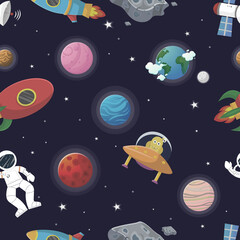 Wall Mural - Cosmic fabric for kids. Astronaut with rocket and