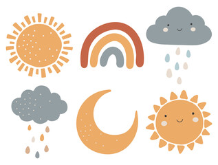 Boho baby elements, abstract sun, moon, rainbow and clouds, rain clouds, cute baby vector, boho kids print