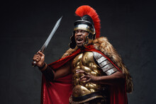 Furious Roman Warrior With Fur Holding Sword