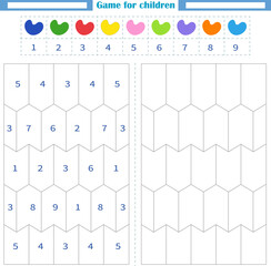  Worksheet for children. Color the empty shapes by number and color. Development of attention
