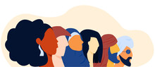 Flat Illustration About Brotherhood, Sisterhood, Bond, Diversity, Inclusion And Togetherness Without Any Difference. Side Face Of Group Of People, Diverse And Form Various Culture. 