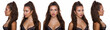 Set of portraits collage brunette with blue eyes. Close-up portrait of a sexy, beautiful woman standing on white background. Different angle view of a face.