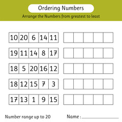 Wall Mural - Ordering numbers worksheet. Arrange the numbers from greatest to least. Mathematics. Number range up to 20