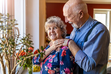 Wall Mural - Senior couple embracing in front of window 
