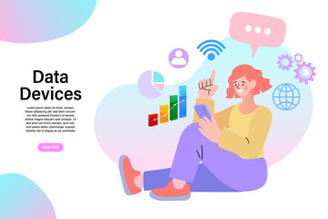 Financial and economic growth. Statisctics and sales analysis concept. woman holding growing stat data blue arrow in hands. Vector illustration