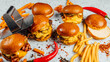 A closeup shot of tasty smash burgers, French fries, and red spicy peppers on the white background