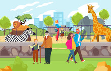 Happy Cheerful Family Time Spending In Zoo, People Character Observe Wild Tropical Zebra, Giraffe And Lion Animal Flat Vector Illustration.