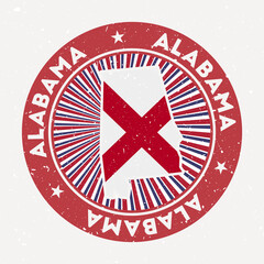Wall Mural - Alabama round stamp. Logo of us state with state flag. Vintage badge with circular text and stars, vector illustration.