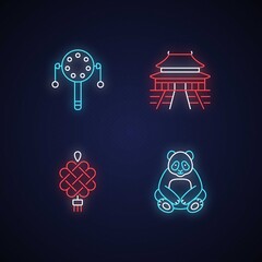 Poster - Chinese culture neon light icons set. Big panda. Chinese knotting. Forbidden City. Asian history. Eastern traditions. Signs with outer glowing effect. Vector isolated RGB color illustrations