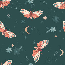 Boho Moth In Night Starry Floral Sky Vector Seamless Pattern. Ornate Folksy Magical Butterfly Celestial Flower Background. Mystic Insect In Space Graphic Design 