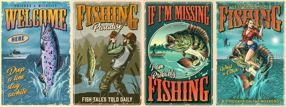 Vintage fishing colorful posters - obrazy, fototapety, plakaty 