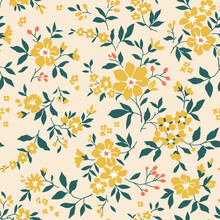 Cute Floral Pattern In The Small Flower. Seamless Vector Texture. Elegant Template For Fashion Prints. Printing With Small Pale Yellow Flowers. Light Beige Background. Stock Print.