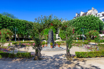 Square Rene Viviani in Paris, France. Architecture and landmarks of Paris. Cozy cityscape of Paris.