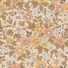 Vintage Seamless Floral Pattern. Liberty Style Background Of Small Coral Pink Flowers. Small Flowers Scattered Over A Beige Background. Stock Vector For Printing On Surfaces. Realistic Flowers. 