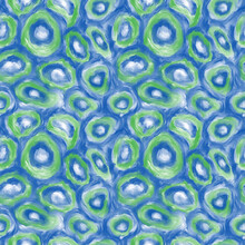 Abstract Hand Drawn Seamless Pattern. Blue  Green Kaleidoscope Oil Painting. Textile Pattern.