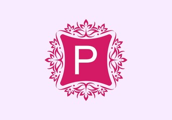 Pink vintage frame with P initial letter in the middle