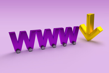 Wall Mural - purple word www on wheels as a car on isolated white background with gold arrow down.