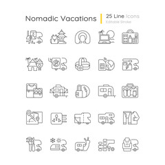 Wall Mural - Nomadic vacations linear icons set. Roadtrip trailer. RV vehicle. Van for tourist lifestyle. Customizable thin line contour symbols. Isolated vector outline illustrations. Editable stroke