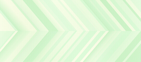 Wall Mural - Modern and minimal pastel color geometric shape banner design. Halftone dotted pattern decoration. Light green angle arrow overlapping layered abstract background. Vector illustration