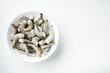 Frozen shell on Tiger Prawns or Asian tiger Shrimps, on white stone  surface, top view flat lay, with copy space for text
