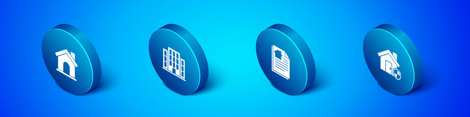 Sticker - Set Isometric House, contract, under protection and icon. Vector