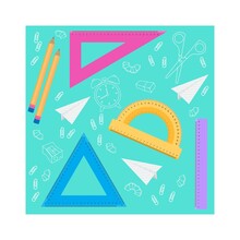 Set Of Rulers And Protractor, Back To School Concept. Pencil, Stationery Iterms For Schooling. Vector Illustration, Isolated Objects.