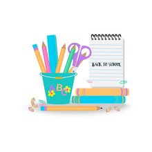 Set Of Rulers And Protractor, Back To School Concept. Pencil, Stationery Iterms For Schooling. Vector Illustration, Isolated Objects.
