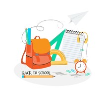 Set Of Rulers And Protractor, Back To School Concept. School Backpack, Pencil, Block Note, Clock, Stationery Items For Schooling. Vector Illustration, Isolated Objects.