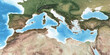 © mozZz - Physical map of Mediterranean region, with high resolution details. Flattened satellite view of Planet Earth and its topography. 3D illustration - Elements of this image furnished by NASA
