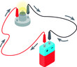 Electrical current direction. Isolated vector illustration of a simple electrical circuit made of a lamp and a battery, in isometric view.