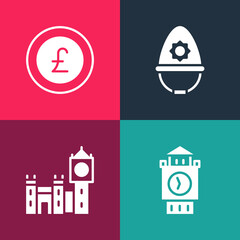 Poster - set pop art big ben tower, , british police helmet and coin money with pound icon. vector