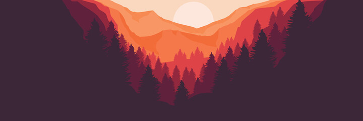 sunset over the mountain vector flat desig illustration for banner template, background template, web banner, tourism concept design and wallpaper