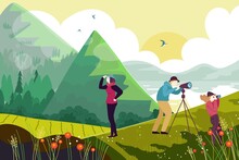 Outdoor Hiking People Character Watch Bird Mountain And Lake, Ornithologist Family Together Observe Fowl Flat Vector Illustration.