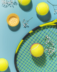 holliday sport composition with yellow tennis balls and racket on a blue background of hard tennis c