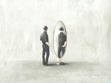 Illustration Of  Man Looking At Himself Headless Reflected In The Mirror, Surreal Identity Concept