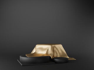 golden luxurious fabric or cloth placed on top pedestal or blank podium shelf on gold background wit