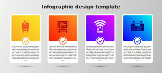 Sticker - Set Suitcase, Radar with targets on monitor, Router and wi-fi signal and Airport board. Business infographic template. Vector